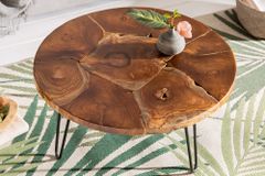 Runder Massivholz Couchtisch MOSAIK 70cm natur Teak Hairpin Legs schwarz Metall handmade