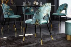 Design Stuhl PRÊT-À-PORTER türkis Samt florales Muster und goldene Fußkappen