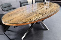 Massiver Esstisch BARRACUDA 220cm braun Teakholz silber Sterngestell Glasplatte