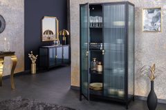 Moderne Vitrine AMSTERDAM 160cm schwarz gold Riffelglas Metall Highboard Schrank