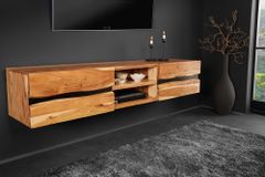 Hängendes TV-Lowboard AMAZONAS 160cm natur Akazie Massivholz Baumkante Metall schwarz