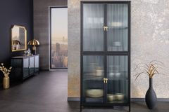 Moderne Vitrine AMSTERDAM 180cm schwarz gold Riffelglas Metall Highboard Schrank