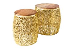 2er Set Filigraner Design Couchtisch ABSTRACT LEAF gold Akazienholz Handarbeit Metall rund