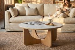 Runder Couchtisch ENSO 80cm weiß Marmor Keramik Eichenholz