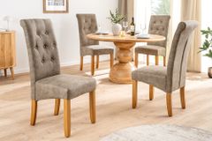 Design Stuhl CASA taupe Microfaser mit Zierknöpfen Massivholzbeine