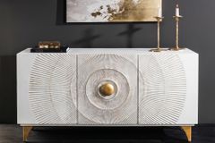 Handgearbeitetes Sideboard GOLDEN SUNSET 140cm weiß mit 3D Schnitzereien gold Mangoholz Metallbeine