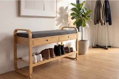 Stilvolle Schuhbank ZEN-BO 100cm natur grau Bambus Regal Sitzbank mit Schubladen