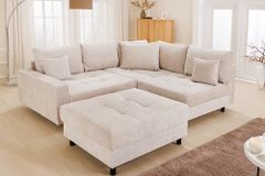 Modernes Ecksofa KENT 220cm champagner beige Chenille Cremona Federkern Wohnlandschaft mit Hocker