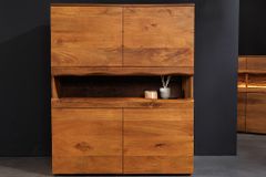 Massives Highboard GRAND 120cm braun Mangoholz mit LED-Beleuchtung