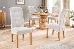 Design Stuhl CASA beige Leinen Massivholzbeine mit Zierknöpfen und Nackenrolle