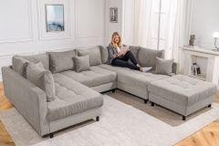 Moderne XXL Wohnlandschaft KENT 305cm greige Cord Bigsofa inkl. Hocker Federkern
