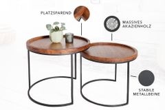 Rundes 2er Set Beistelltische ELEMENTS 55cm Akazie stone finish Metall schwarz