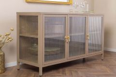Modernes Sideboard AMSTERDAM 105cm greige gold Vitrine Schrank Riffelglas Metall