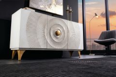 Handgearbeitetes Sideboard GOLDEN SUNSET 140cm weiß mit 3D Schnitzereien gold Mangoholz Metallbeine