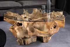 Runder Couchtisch ROOT 100cm natur Teak Massivholz aus Wurzelholz mit Glasplatte