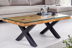 Massiver Couchtisch BARRACUDA 110cm antik natur Teakholz X-Gestell Glasplatte