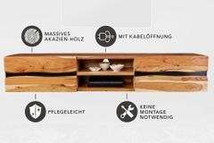 Hängendes TV-Lowboard AMAZONAS 160cm natur Akazie Massivholz Baumkante Metall schwarz