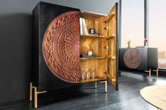 Massives Highboard MANDALA 120cm Mangoholz mit 3D Schnitzereien schwarz goldene Füße