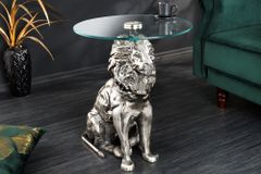 Runder Beistelltisch WILDLIFE LION 60cm silber antik Metall Glas Löwen Skulptur