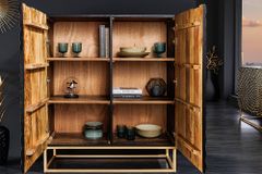 Design Highboard ILLUSION 120cm schwarz Mangoholz Massivholz mit 3D Schnitzereien gold Eisen Metallgestell