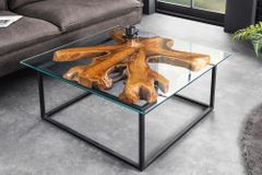 Industrial Couchtisch TEAK ROOT 70cm braun Teakholz Metall Glastisch handmade