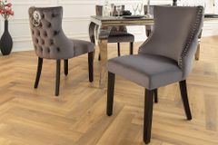 Chesterfield Stuhl CASTLE DELUXE grau Samt mit Löwenkopf Nieten