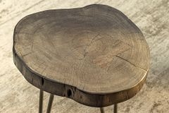 Runder Beistelltisch GOA 45cm grau Akazie Massivholz Baumscheibe Hairpin Legs Metall