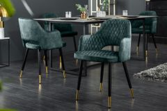 Eleganter Stuhl PARIS petrol Samt Ziersteppung Fußkappen gold Retro-Design mit Armlehnen