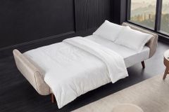 Design Schlafsofa DIVANI 220cm champagner beige Samt 3-Sitzer mit Bettfunktion Walnuss-Füße