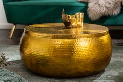 Runder Couchtisch ORIENT STORAGE 70cm gold Metall mit Stauraum Hammerschlag Design handmade