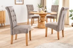 Design Stuhl CASA taupe Strukturstoff Massivholzbeine mit Zierknöpfen und Nackenrolle