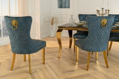 Barock Stuhl CASTLE DELUXE petrol Samt gold Edelstahl mit Löwenkopf Ziernieten