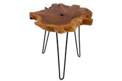 Einzigartiger Beistelltisch WILD 50cm Teak Massivholz Baumscheibe Metallbeine schwarz