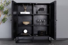 Massives Highboard BARRACUDA 120cm braun Mangoholz mit Teakholz-Front schwarz Metall