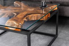 Industrial Couchtisch TEAK ROOT 70cm braun Teakholz Metall Glastisch handmade