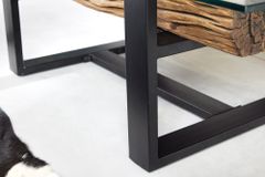 Design Couchtisch BARRACUDA 130cm recyceltes Teakholz Glasplatte schwarz Edelstahl Industrial