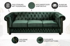 Chesterfield 3-Sitzer Sofa 205cm flaschengrün Samt Federkern Knopfheftung