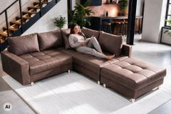 Modernes Ecksofa KENT 220cm braun Federkern Wohnlandschaft inkl. Hocker und Kissen