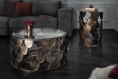 Runder Couchtisch ABSTRACT 60cm antik messing Metall Glas Industrial Fischschuppen Design