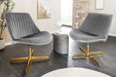 Drehbarer Sessel LOUNGER grau gold Samt Modern Design