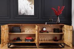 Massivholz Sideboard VULCANO 180cm braun Mangoholz mit 3D Schnitzereien handmade Metallgestell schwarz