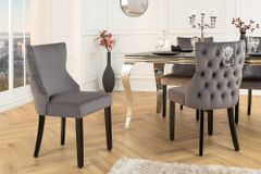 Chesterfield Stuhl CASTLE DELUXE grau Samt mit Löwenkopf Nieten