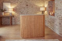 Massiver Bartisch TRES CHIC 120cm braun Mangoholz weiß Marmor mit Flaschenregal
