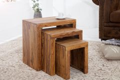 3er Set Massivholz Beistelltische MAKASSAR 45cm braun Sheesham stone finish Maserung