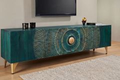 Massives TV-Lowboard GOLDEN SUNSET 180cm türkis 3D-Schnitzereien gold Mangoholz Metall