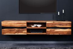 Hängendes TV-Lowboard AMAZONAS 160cm braun Sheesham Massivholz Baumkante Metall schwarz