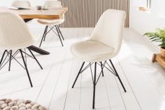 Design Stuhl SCANDINAVIA MEISTERSTÜCK creme Bouclé schwarze Metallbeine