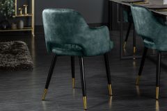 Eleganter Stuhl PARIS petrol Samt Ziersteppung Fußkappen gold Retro-Design mit Armlehnen