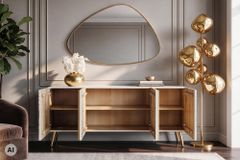 Massives Sideboard AURUM 180cm weiß Mangoholz mit ikonischem Gold-Element