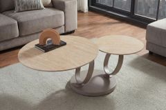 Design Couchtisch DANCING RINGS natur rund drehbar Travertin Keramik champagner greige